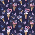 Illustration seamless pattern cartoon style packaging design sweet ice cream waffle cones with berries on purple background Royalty Free Stock Photo