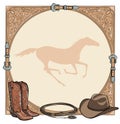 Cowboy horse equine riding tack tool in the western leather belt frame. Western boot, hat, lasso rope and galloping horse. Royalty Free Stock Photo