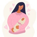 Hand drawing illustration of a young brunette woman holding a baby. concept of motherhood care parenting, love for a child Funny Royalty Free Stock Photo
