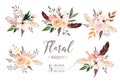 Hand drawing isolated boho watercolor floral illustration with leaves, branches, flowers. Bohemian greenery art in Royalty Free Stock Photo
