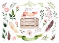 Hand drawing isolated boho watercolor floral illustration with leaves, branches, flowers, wooden box. Bohemian greenery Royalty Free Stock Photo