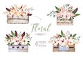 Hand drawing isolated boho watercolor floral illustration with leaves, branches, flowers, wooden box. Bohemian greenery Royalty Free Stock Photo