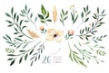 Hand drawing isolated watercolor green gold floral illustration with leaves, branches and flowers.greenery Watercolour
