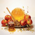 Hand drawing of a jar of honey, apples, drop of honeybee and honeycombs on the side. Organic food design concept