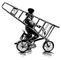 Hand drawing of laborer painter with ladder and bucket of paint riding a bicycle to work