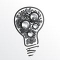 Hand drawing lamp bulb with realistic black gears and cogs inside.