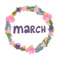 Hand drawing lettering month of march in a wreath of flowers and fruits Royalty Free Stock Photo