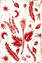 Hand drawing linocut. Red. Autumn plants