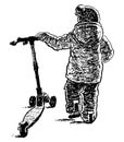 Hand drawing of little child with scooter walking outdoors Royalty Free Stock Photo