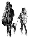 Hand drawing of little girl with her dog and musician parent carrying cello in a case walking together under umbrella along city
