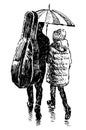 Hand drawing of little girl and musician parent carrying cello in a case walking together under umbrella along city street,