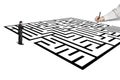 Hand drawing maze with thoughful businessman standing in from