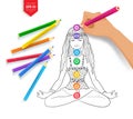 Hand drawing meditating woman and chakras Royalty Free Stock Photo