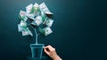 Hand drawing money tree made by us dollar bills. Business, saving, growth, economic concept. Investors strategy, funding Royalty Free Stock Photo