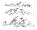 Hand drawing mountain ranges in engraving style. Vintage mountains panorama vector nature landscape Royalty Free Stock Photo