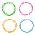 Crayon colored round design elements on white.