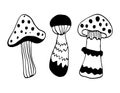 Hand drawing mushroom doodles set. Vector black outline food illustration