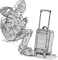 Sketch of old man with suitcase sitting on the street and lighting a cigarette Royalty Free Stock Photo