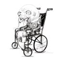 Hand drawing of old fish in wheelchair. black graphic art on white background