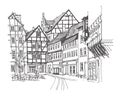 Hand drawing of the old town and a street cafe Quedlinburg, Germany Royalty Free Stock Photo