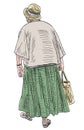 Hand drawing of old woman in hat with bag walking outdoors on summer day alone Royalty Free Stock Photo