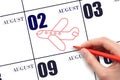 A hand drawing outline of airplane on calendar date 2 August. The date of flight on plane.