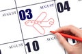 A hand drawing outline of airplane on calendar date 3 August. The date of flight on plane.