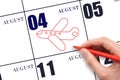 A hand drawing outline of airplane on calendar date 4 August. The date of flight on plane.