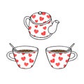 Hand drawing outline vector illustration of a pair of cups of hot tea or coffee with teaspoons and a red scribble heart pattern