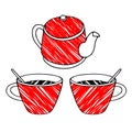 Hand drawing outline vector illustration of a pair of cups of hot tea or coffee with teaspoons and a red scribble