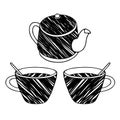 Hand drawing outline vector illustration of a pair of cups of hot tea or coffee with teaspoons and a scribble abstract