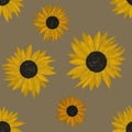 Hand drawing painted sunflowers and leaves seamless pattern on white background. Utensil, cutlery, kitchen, packaging, tableware, Royalty Free Stock Photo