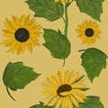 Hand drawing painted sunflowers and leaves seamless pattern on yellow background. Utensil, cutlery, kitchen, packaging, tableware, Royalty Free Stock Photo