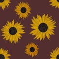 Hand drawing painted sunflowers seamless pattern on dark red background. Utensil, cutlery, kitchen, packaging, tableware, cloth, w Royalty Free Stock Photo
