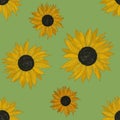 Hand drawing painted sunflowers seamless pattern on green background. Utensil, cutlery, kitchen, packaging, tableware, cloth, wall Royalty Free Stock Photo