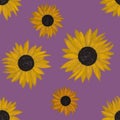 Hand drawing painted sunflowers seamless pattern on purple background. Utensil, cutlery, kitchen, packaging, tableware, cloth, wal Royalty Free Stock Photo