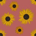 Hand drawing painted sunflowers seamless pattern on red background. Utensil, cutlery, kitchen, packaging, tableware, cloth, wallpa Royalty Free Stock Photo