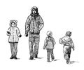 Sketch of casual townsman with children walking outdoors