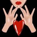 Hand drawing and part of face of woman girl with heart symbol of love Royalty Free Stock Photo