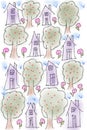 Hand drawing pattern apples trees and purple houses