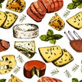 Hand drawing pattern with different cheeses and meat.