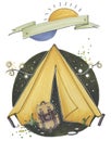 Hand drawing picture of tent camping in the forest travel with backpack and lettering postcard