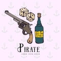 Hand drawing pirate rum, gun, pistol, revolver, handgun