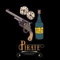 Hand drawing pirate rum, gun, pistol, revolver, handgun