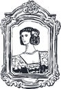 Hand drawing of portrait noble lady in ornate frame in vintage style