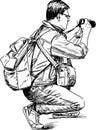 Hand drawing of professional photographer crouching and taking picture on camera