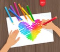 Hand drawing rainbow heart with color pencils
