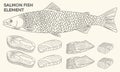 Hand Drawing Salmon fish collection. Sushi drawing vector.