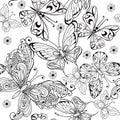 Hand drawing seamless pattern of butterflies. Vector seamless pattern of butterflies for the anti stress coloring page.