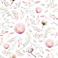 Hand drawing seamless watercolor floral patterns with protea rose, leaves, branches and flowers. Bohemian gold pink Royalty Free Stock Photo